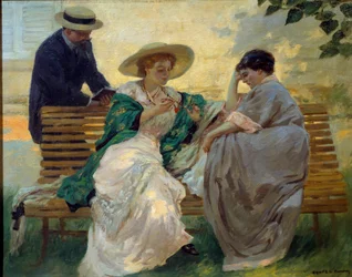 Good time: "The talk"" Grupp av borgerliga läser på en bänk av Rupert Bunny (1864-1947) 1885