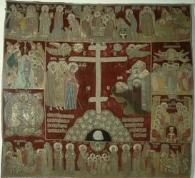 Jungfruns utseende till St. Sergius, 1525 (guld-, silver- och sidentråd, satt med pärlor och rubiner i guldbeslag)