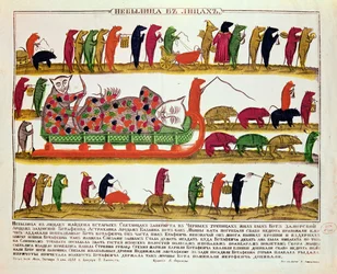 Begravning av en katt av mössen, karikatyr av tsar Peter den store (1672-1725) 1850