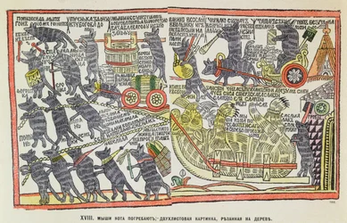 Begravningståg av möss för en död katt, karikatyr om begravningen av Peter den store, 1860 (populär färgträsnitt)