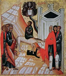 Ikon som visar Kristi inträde i Jerusalem, Novgorod School