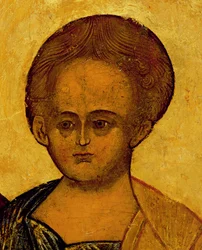 Ikon som föreställer Kristi huvud, ca 1550 (tempera och bladguld på panel) (detalj av 314500)