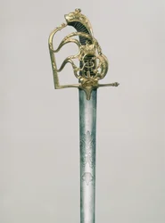 Officerars bredsvärd graverat med en dubbelhövdad örn med gestalten St. George under den kejserliga kronan, fäste dekorerad med monogram av Katarina II 1729-96), Ryssland, 1700-talet (stål, brons