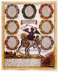 Rysk schematisk illustration av de "sju dödssynderna". Religiös traktat ca 1850 (gravyr)