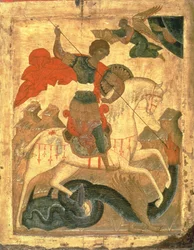 St. George and the Dragon (tempera på tyg, gesso och trä)