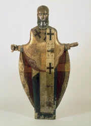 Staty av St. Nicholas av Mozhaisk, rysk, sent 1500-tal (trä, ornamenterad brokad, gesso, tempera)