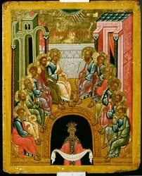 The Descent of the Holy Spirit, rysk ikon från katedralen St. Sophia, Novgorod School, 1400-talet (tempera på duk)