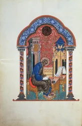 Titelsida från Isaac Birevs fyra evangelier, 1531 (bläck, vermillion, färg och guld på papper)