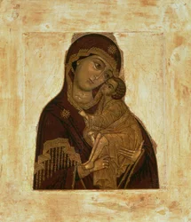 Virgin of the Don omfamnar välsignelsen Kristusbarnet, rysk ikon, 1600-talet (panel)