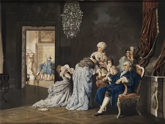 De sista timmarna av den franska kungafamiljen (Louis XVI och Marie Antoinette) i Louvren innan revolutionärerna bröt in. Akvarellmålning/gouache på kartong. 38x51 cm. Monogram "SG" och daterad "1877" nere till höger