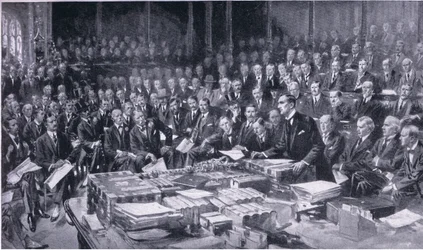 En av de mest betydelsefulla händelserna i parlamentets historia den 3 augusti 1914, från Cassells History of the British People publicerad av Waverley Book Company Limited, ca 1940