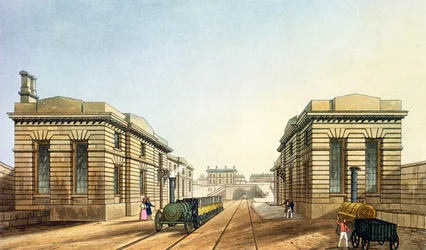 Edge Hill Station, End of the Tunnel, från "Liverpool and Manchester Railway", graverad av John Harris, pub. av Ackermann und Co., 1836