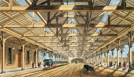 New Station, Lime Street, Entré till tunneln och bokningskontor, från "Liverpool and Manchester Railway", graverad av John Harris, pub. av Ackermann und Co., 1836