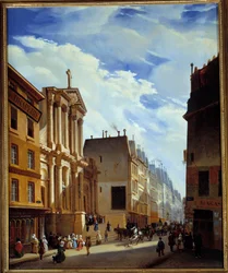 Vy över rue Saint Honore och kyrkan Saint Roch i Paris 1840 (olja på duk)