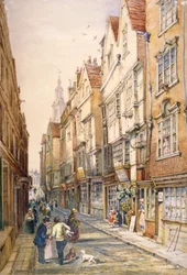 Byggnader på Wych Street, inklusive Rising Sun Tavern, Westminster, London, c1860