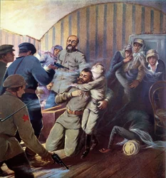 Avrättningen av tsar Nikolaj II (1868-1918) och hans familj i Jekaterinburg, 17 juli 1918, ur «Sovjeternas historia» av H. de Weindel, 1923-24