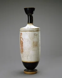 White Ground Lekythos med ung kvinna vid en grav, 450-440 f.Kr. (terrakotta med vit botten)
