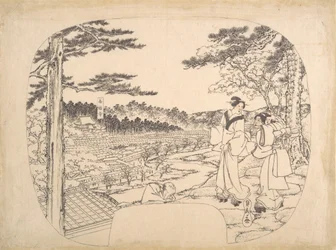 Två kvinnor som beundrar sevärdheterna från en utsiktspunkt ... Zenpukuji-templet, 1800-talet.