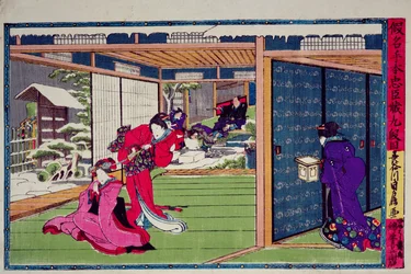 En scen ur 9:e akten i kabukipjäsen "Kanadehon Chushingura", en hämndhistoria baserad på händelsen med de fyrtiosju roninerna 1703, ca 1870 (träsnitt i färg)