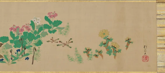 Blommor och fåglar under de fyra årstiderna