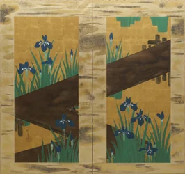 Iris och åttafaldig bro, vikskärm med två paneler, ca 1820 (tusch, färg och bladguld på siden)