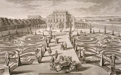 Österrikiskt hus och trädgård, graverad av Johann August Corvinus (1683-1738), publicerad ca 1730-40 (gravyr)