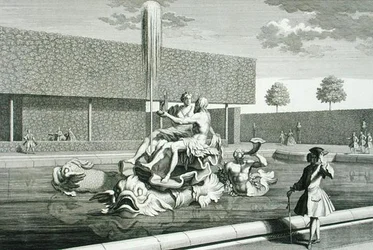 Neptunus och Thetis fontän vid Belvedere-palatset, Wien, graverade av Jakob Gottlieb Thelott (c.1711-75), publicerad c.1730-40 (gravyr)