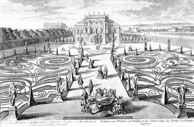 Utsikt över en trädgård och ett hus i Josefstadt, Wien, graverad av Johann August Corvinus (1683-1738) (gravyr)