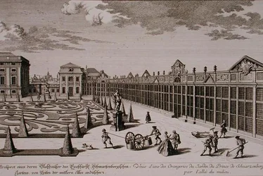 Utsikt över ett av orangerierna i prinsen av Schwarzenbergs trädgård, Wien, graverad av Georg-Daniel Heumann (1691-1759), publicerad ca 1724-37 (gravyr) (se även 170855)