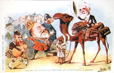 Karikatyr av Frankrikes president Emile Loubets (1838-1929) ankomst till London 1903 (färg litho)