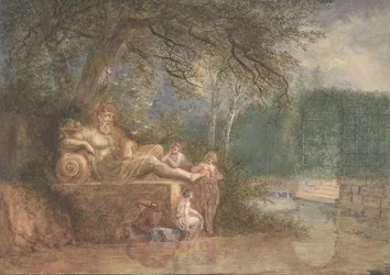 En park med figurer vid en staty nära vatten, 1775.