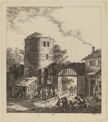 Bybor vid en stadsport hälsar en dignitär, 1764.