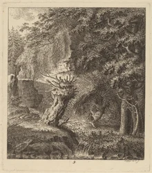 Skogbevuxen landskap med pollardträd, 1764.