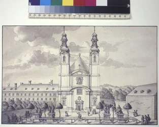 Hel sida: Servitkyrkans framsida i förorten Rossau (tuschteckning)