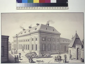 Hel sida: snedbild av orangeriet som tidigare låg mittemot Liechtensteins trädgårdspalats i Rossau (tuschteckning)