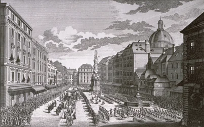 Vy över en procession i Graben graverad av Georg-Daniel Heumann (1691-1759)