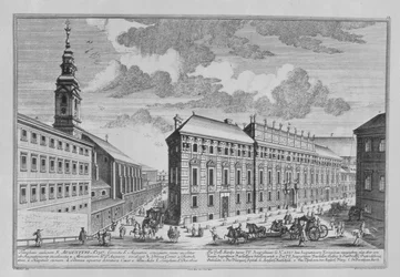 Utsikt över Dorotheergasse som visar Stallburg och klosterkyrkan i Dorotheum graverade av Hieronymous Sperling (1695-1777)