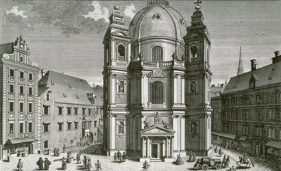 Vy över Peterskirche, Wien graverad av Johann Bernard Hattinger