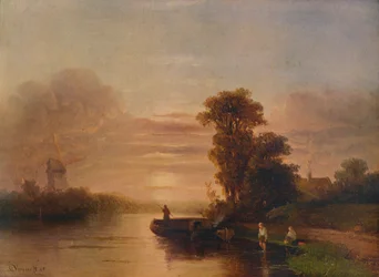 Solnedgång på en flod, med väderkvarn och stuga, 1848, 1938