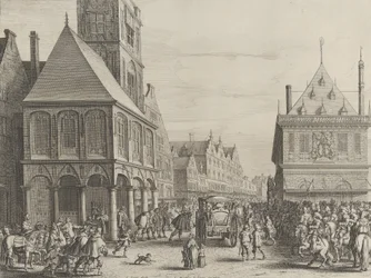 Stadsdomare tar avsked med Marie de Medici före rådhuset, från Caspar Barlaeus..., 1638.
