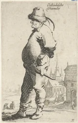 Man i profil, i bakgrunden en kyrka och en byggnad med ett galleri Oostindesche vroemoer (titel på objekt) T