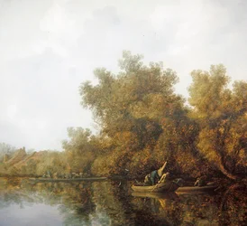 Ett flodlandskap med fiskare i roddbåtar som lyfter en fångst (olja på panel)