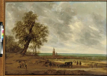 Ett panoramalandskap med resenärer på en stig, staden Amersfoort bortom, 1634