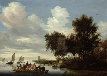 Flodlandskap med en färja. 1649
