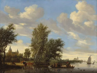 Flodlandskap med färja