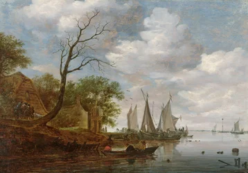 Flodscen med segelbåtar som lossar vid stranden (olja på panel)