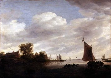Flodmynning med segelfartyg (olja på panel)