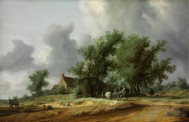Vägen i sanddynerna med en vagn - Peinture de Salomon Jacobsz van Ruisdael (1600/3-1670) - 1631 - Olja på trä - 56x86,4 - Szepmuveszeti Muzeum, Budapest