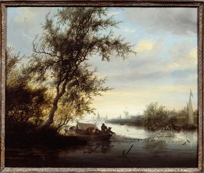 Sisters in a Boat-målning av Solomon Van Ruisdael (Ruysdael) (1600-1670) (ec.flam.) 1600-talets Compiegne, slottsmuseum