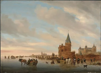 Vinterlandskap med isnöjen framför en Capriccio av staden Arnheim, 1652